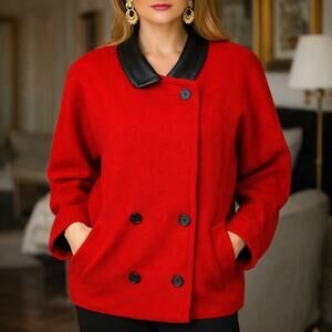 80s Red Wool Jacket Black Leather Collar Power Shoulder Coat